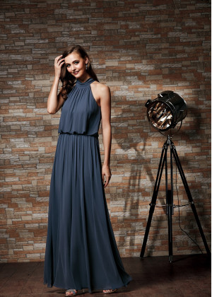 High Neck Pewter Chiffon Keyhole Back Bridesmaid Dress